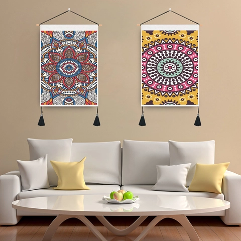 Mandala Wall Hanging Tapestry Bohemia Ethnic Style Polyester Cotton With Wood Pole And Tassels Decorative Home Art
