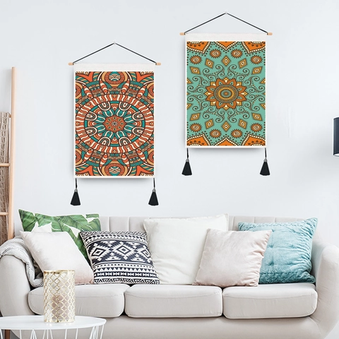 Mandala Wall Hanging Tapestry Bohemia Ethnic Style Polyester Cotton With Wood Pole And Tassels Decorative Home Art