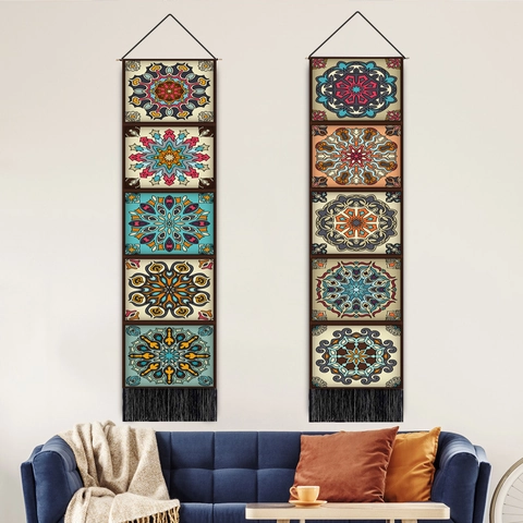 Bohemian Mandala Wall Hanging Tapestry Vertical Strip Polyester Cotton With Tassels Wooden Pole For Living Room Decor