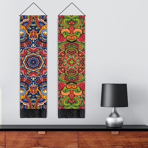 Vertical Hanging Tapestry Bohemian Mandala Geometric Cotton Polyester Wall Decor With Wooden Rod And Tassels For Living Room