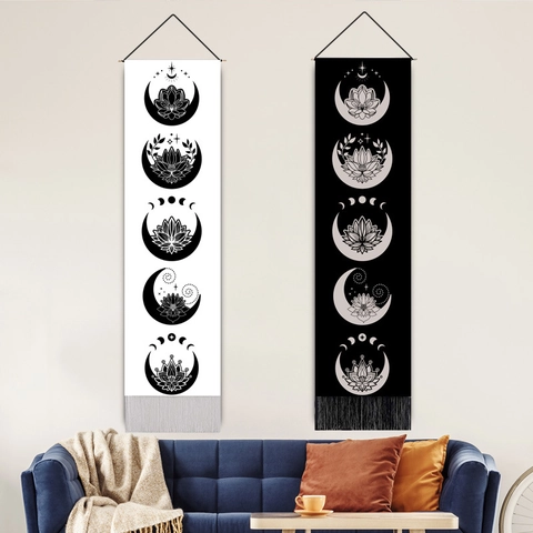Tapiz De Pared Vertical Bohemio Fase Lunar Loto Tela De Algodón Y Lino Colgante Con Borlas Para Decoración De Sala