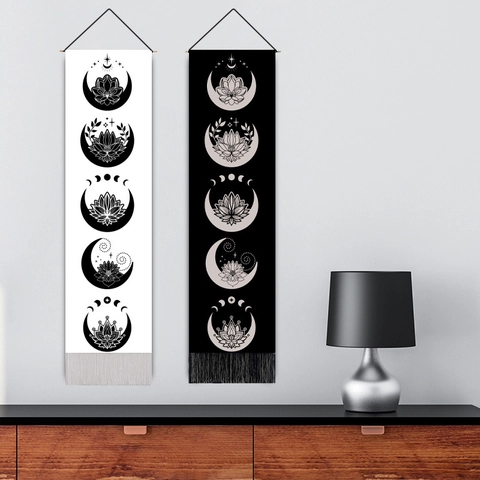 Tapiz De Pared Vertical Bohemio Fase Lunar Loto Tela De Algodón Y Lino Colgante Con Borlas Para Decoración De Sala