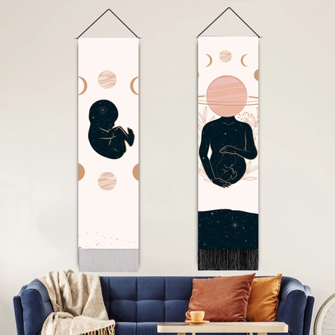 Vertical Wall Hanging Tapestry Abstract Galaxy Moon Stars Pregnancy Fabric Scroll With Wood Rod Tassels Decor For Bedroom
