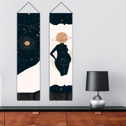 Vertical Wall Hanging Tapestry Abstract Galaxy Moon Stars Pregnancy Fabric Scroll With Wood Rod Tassels Decor For Bedroom