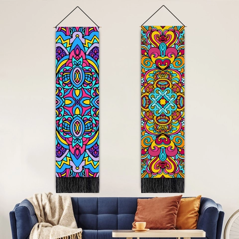 Boheemse Mandala Lange Verticale Wandtapijt Polyester Katoen Met Houten Stok En Kwastjes Voor Huisdecoratie