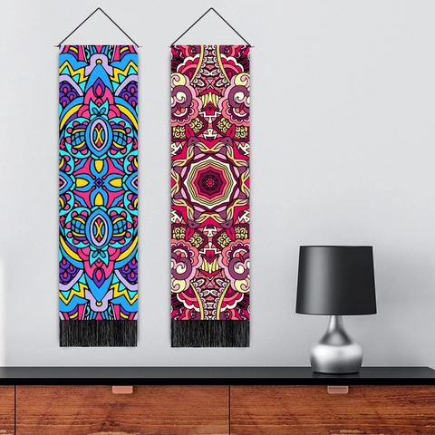 Boheemse Mandala Lange Verticale Wandtapijt Polyester Katoen Met Houten Stok En Kwastjes Voor Huisdecoratie