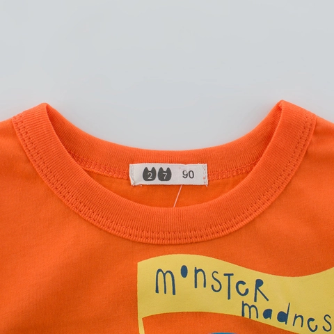 Maglietta Ragazzo Cotone Manica Corta Stampa Monster Truck Arancione Girocollo Estate Moda Bambini