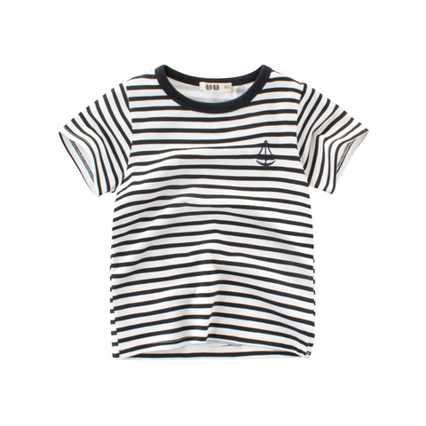 Boys T-Shirt Lycra Cotton Short Sleeve Striped Sailboat Embroidery Crew Neck Summer Casual Toddler Kids Soft Top