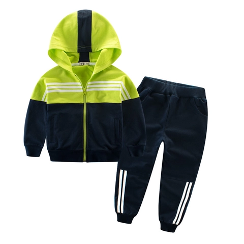 Kids Sportswear Hooded Zipper Jacket And Long Pants Cotton Contrast Color Striped Casual Sport Suit For Boys Girls