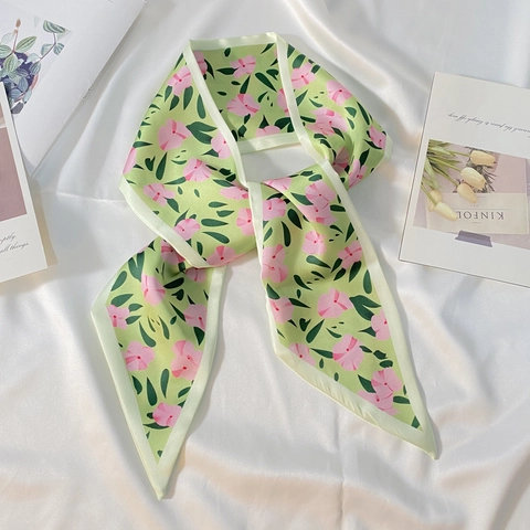 Floral Print Satin Narrow Scarf Twilly Hair Tie Bag Ribbon Decorative Neck Scarf For Women Sweet Style