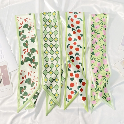 Floral Print Satin Narrow Scarf Twilly Hair Tie Bag Ribbon Decorative Neck Scarf For Women Sweet Style