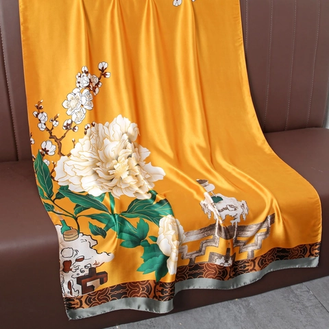 Women Vintage Chinese Style Peony Print Satin Scarf Long Elegant Soft Shawl Wrap For Wedding Party Daily Fashion Accessory