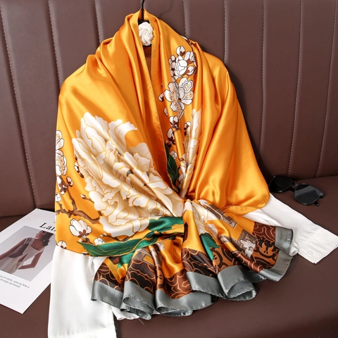 Women Vintage Chinese Style Peony Print Satin Scarf Long Elegant Soft Shawl Wrap For Wedding Party Daily Fashion Accessory