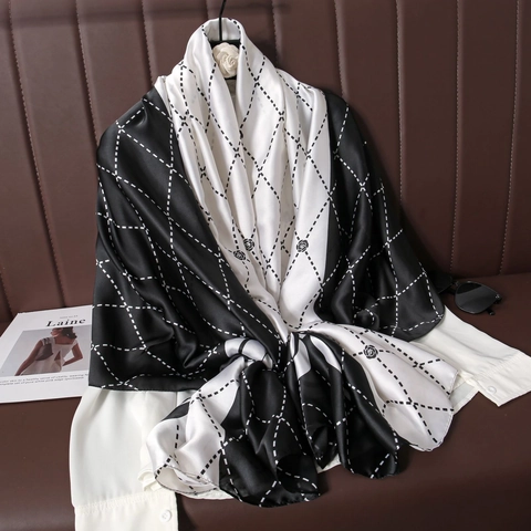 Sciarpa In Raso Stampato Vintage Elegante Lungo Effetto Raso Scialle Retrò Floreale Catena Motivo Protezione Solare Leggera