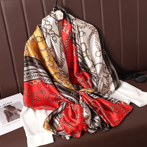 Sciarpa In Raso Stampato Vintage Elegante Lungo Effetto Raso Scialle Retrò Floreale Catena Motivo Protezione Solare Leggera