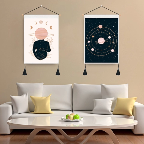 Galaxy Universe Moon Phase Tapestry Cotton Polyester Wall Hanging With Wooden Rod And Tassels Nordic Style Home Decor