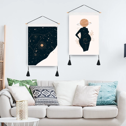 Galaxy Universe Moon Phase Tapestry Cotton Polyester Wall Hanging With Wooden Rod And Tassels Nordic Style Home Decor