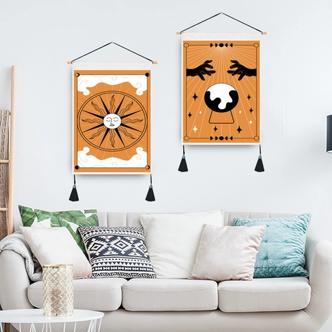 Tarotkarte Wandteppich Hängende Kunst Baumwolle Polyester Stoff Mit Holzstange Und Quasten Mystisches Dekor