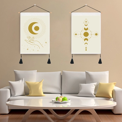 Arazzo Da Parete Bohemien Tessuto Poliestere Cotone Con Palo In Legno Frange Di Nappine Motivo Sole Luna Stella Decorazione Mistica