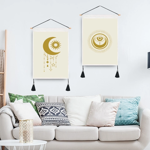 Arazzo Da Parete Bohemien Tessuto Poliestere Cotone Con Palo In Legno Frange Di Nappine Motivo Sole Luna Stella Decorazione Mistica