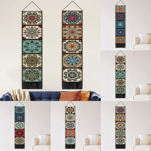 Bohemian Mandala Wall Hanging Tapestry Vertical Strip Polyester Cotton With Tassels Wooden Pole For Living Room Decor