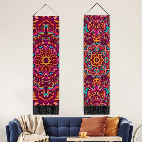 Mandala Wandtapijt Boho Stijl Etnisch Polyester Katoen Met Houten Stok En Kwastjes Woonkamer Decoratie