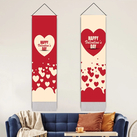 Valentijnsdag Wandtapijt Polyester Katoen Hart Print Verticale Banner Met Houten Roede En Kwastjes Decor