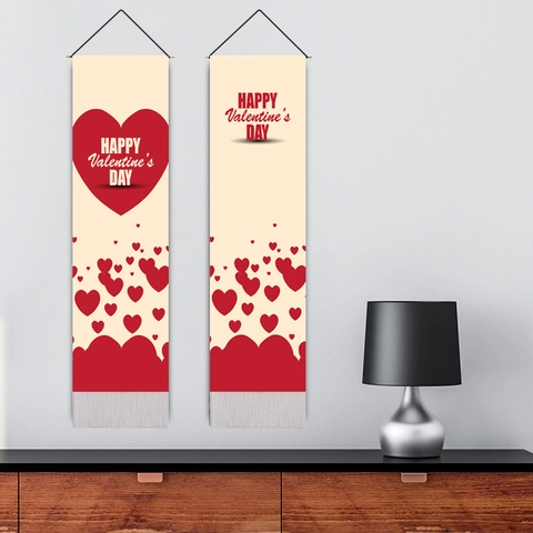 Valentijnsdag Wandtapijt Polyester Katoen Hart Print Verticale Banner Met Houten Roede En Kwastjes Decor