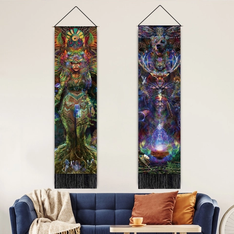Vertical Hanging Tapestry Wall Art Decorative Scroll Polyester Cotton With Tassels Psychedelic Nordic Style Home Decor