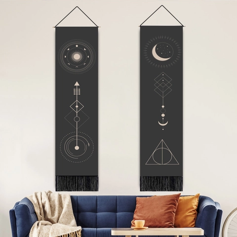 Mystical Moon Phase Wall Tapestry Bohemian Cotton Polyester Fabric Hanging Scroll With Tassel And Wooden Rod Home Decor