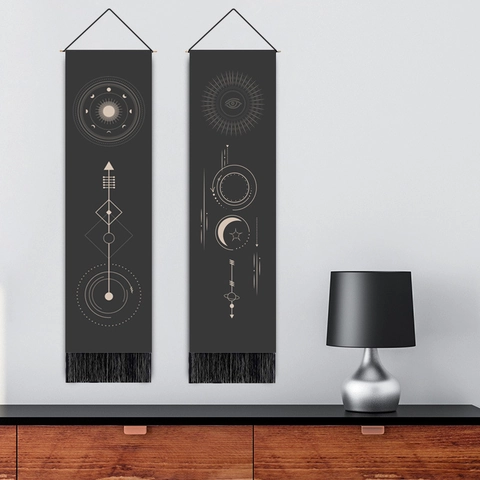 Mystical Moon Phase Wall Tapestry Bohemian Cotton Polyester Fabric Hanging Scroll With Tassel And Wooden Rod Home Decor