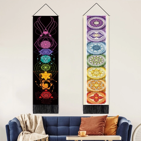 Chakra Symbols Wall Hanging Tapestry Vertical Scroll Meditation Yoga Zen Style Fabric Decor With Tassels And Pole