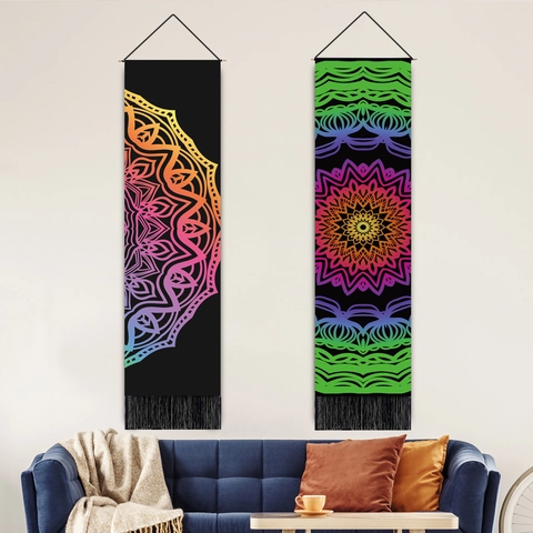 Mandala Hanging Tapestry Wall Scroll Polyester Cotton Wood Rod Tassels Rainbow Bohemian Nordic Home Decor