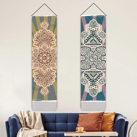Bohemian Wall Tapestry Mandala Pattern Polyester Cotton Fabric With Wood Pole And Tassel Retro Ethnic Living Room Decor