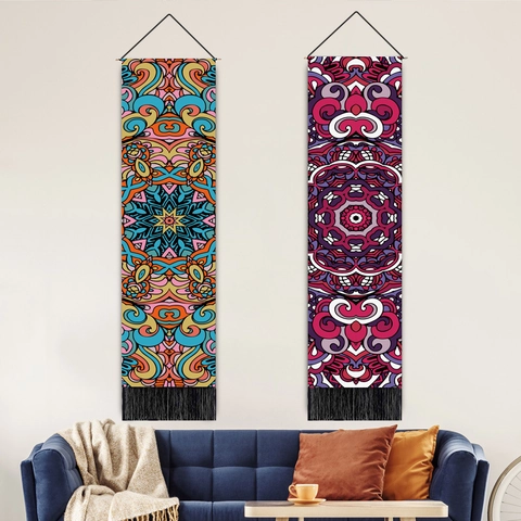 Bohemian Mandala Long Wall Hanging Tapestry With Black Tassels Wood Pole Polyester Cotton Decorative Art For Home Office
