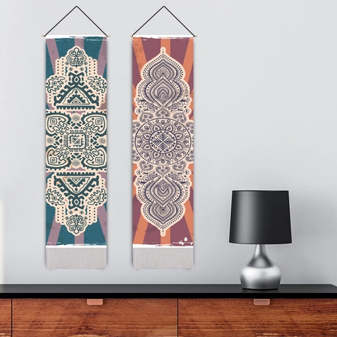 Bohemian Wall Tapestry Mandala Pattern Polyester Cotton Fabric With Wood Pole And Tassel Retro Ethnic Living Room Decor