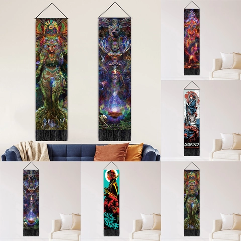 Vertical Hanging Tapestry Wall Art Decorative Scroll Polyester Cotton With Tassels Psychedelic Nordic Style Home Decor
