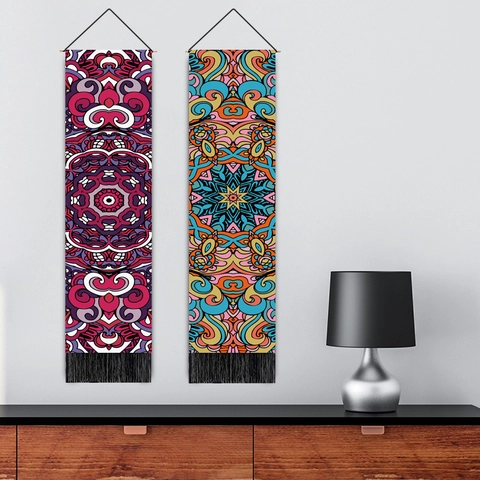 Bohemian Mandala Long Wall Hanging Tapestry With Black Tassels Wood Pole Polyester Cotton Decorative Art For Home Office