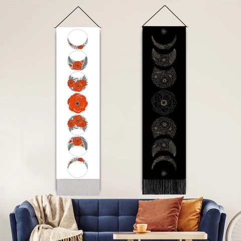 Bohemian Moon Phase Floral Wall Tapestry Polycotton Fabric Vertical Scroll Painting With Tassels And Wood Rod Home Decor
