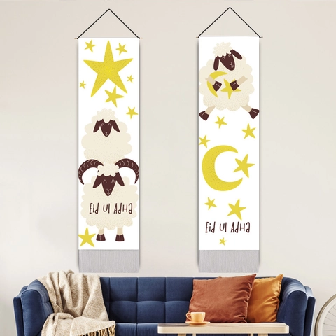 Eid Al-Adha Wall Hanging Tapestry Vertical Cartoon Sheep Star Moon Polyester Cotton Banner With Wooden Pole And Tassel