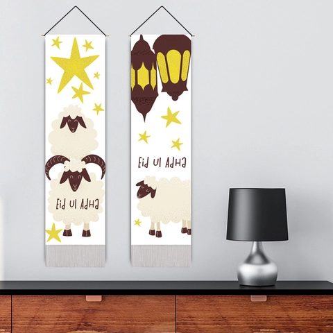 Eid Al-Adha Wall Hanging Tapestry Vertical Cartoon Sheep Star Moon Polyester Cotton Banner With Wooden Pole And Tassel