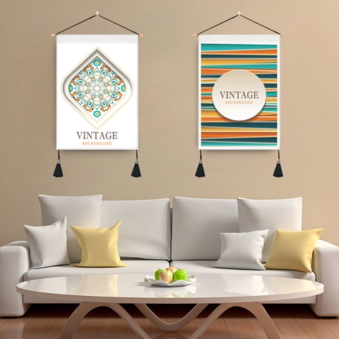Nordic Vintage Wall Hanging Tapestry With Wood Rod And Tassel Cotton Polyester Fabric Decorative Scroll Painting For Living Room Bedroom Home Decor