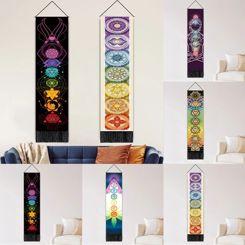 Chakra Symbols Wall Hanging Tapestry Vertical Scroll Meditation Yoga Zen Style Fabric Decor With Tassels And Pole