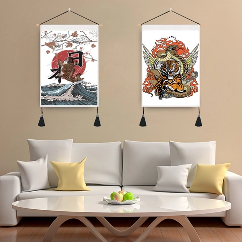 Japanese Ukiyoe Tapestry Wall Art Hanging Scroll With Wood Rod Tassels For Tattoo Studio Bar Restaurant Decor Polyester Cotton Fabric