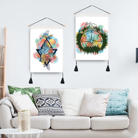 Japanese Ukiyoe Tapestry Wall Art Hanging Scroll With Wood Rod Tassels For Tattoo Studio Bar Restaurant Decor Polyester Cotton Fabric