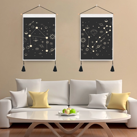 Celestial Tarot Tapestry Hanging Scroll Mystical Sun Moon Zodiac Polyester Cotton Fabric With Wooden Pole And Tassels