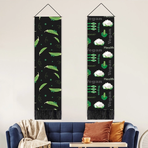 Long Narrow Vertical Wall Tapestry Polyester Cotton Vegetable Print Tassels Wooden Pole Kitchen Dining Room Decor