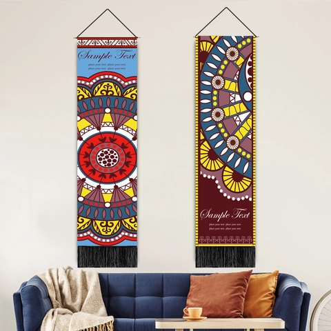 Mandala Scroll Tapestry Muurbehang Boheems Polyester Katoen Stof Houten Stok En Kwastjes Slaapkamer Woonkamer Decor