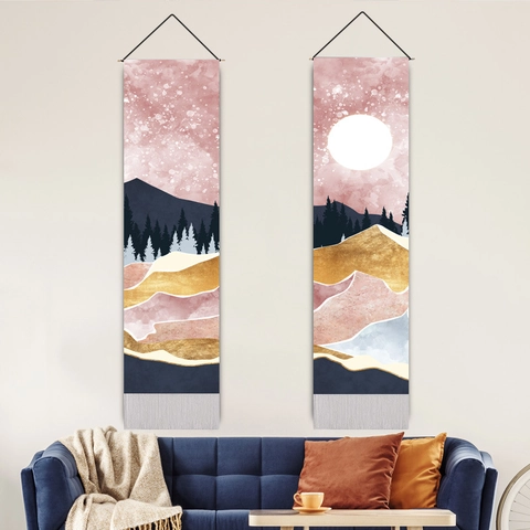 Abstract Landschap Muur Opknoping Tapijt Polyester Katoen Stof Verticale Scroll Met Houten Paal Kwastje Decor Kunst