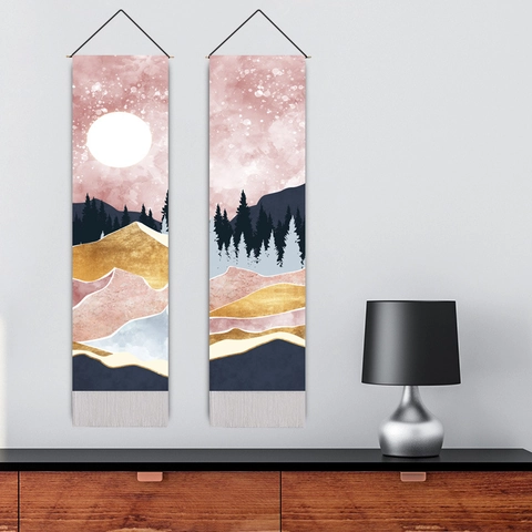 Abstract Landschap Muur Opknoping Tapijt Polyester Katoen Stof Verticale Scroll Met Houten Paal Kwastje Decor Kunst